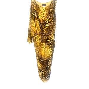 ASHRO Leopard Dress 18 Black / Gold Bodycon Cape Sleeve Tuck Front Sexy Elegant